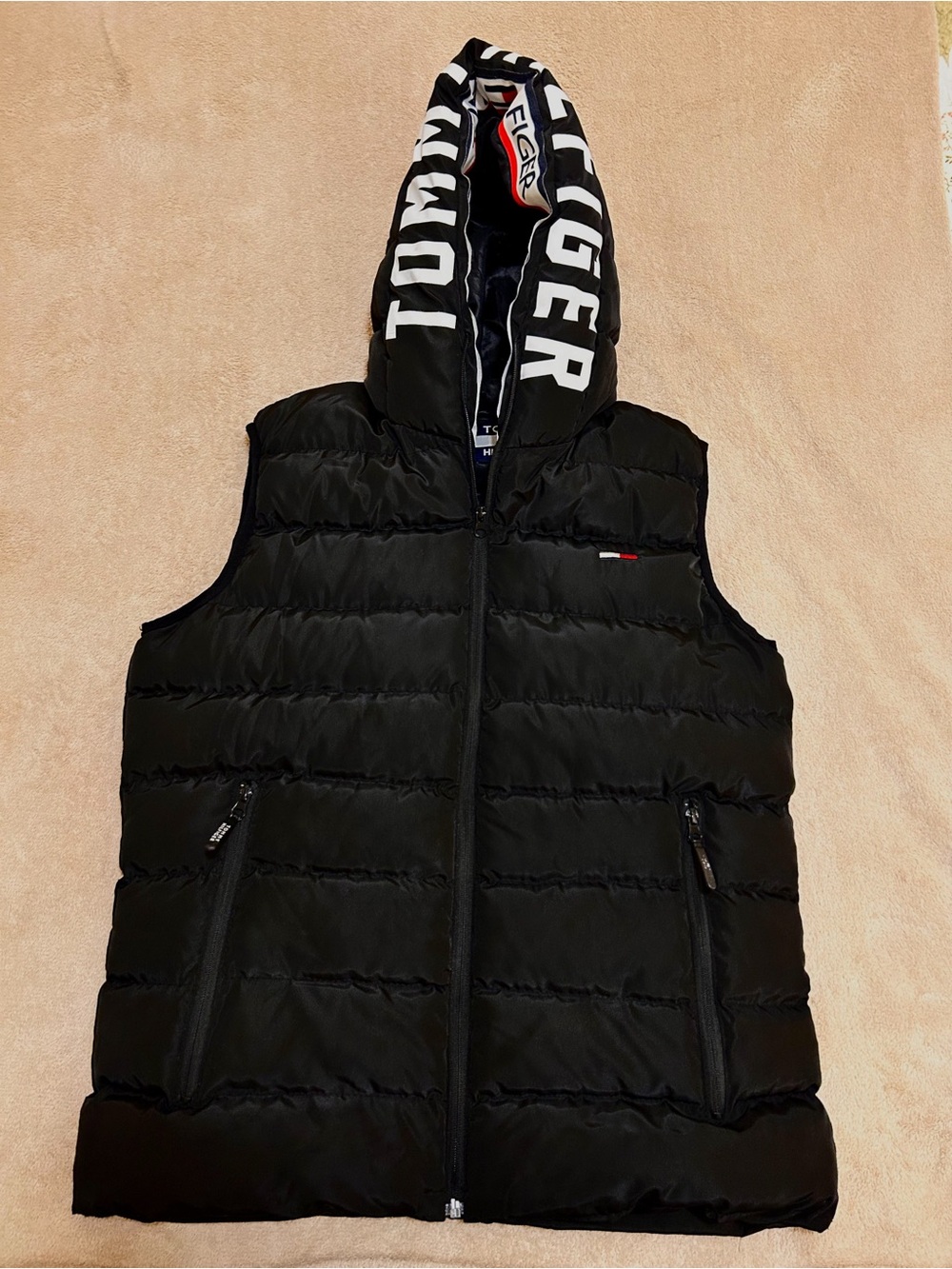 Tommy Hilfiger Black Quilted Hooded Vest with Logo Trim